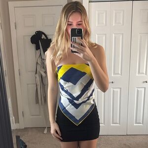 Yellow and Blue Geometric Strapless Top